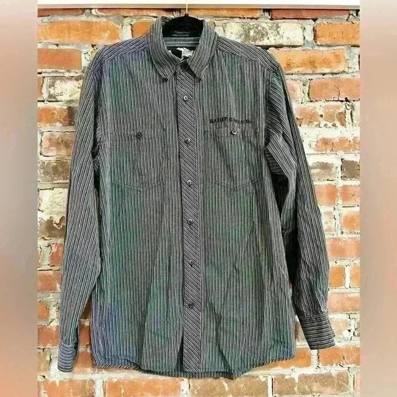 Harley Davidson Striped 100% Cotton Button Down Size M Tall - Picture 1 of 8